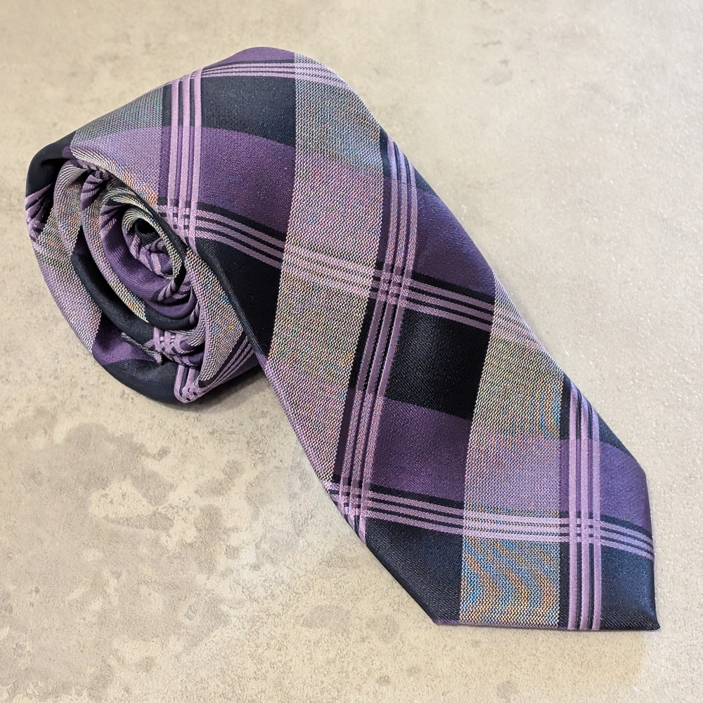Pierre Cardin Slim Embroidered Purple Plaid Polyester Tie 58.5" long 2.75" wide